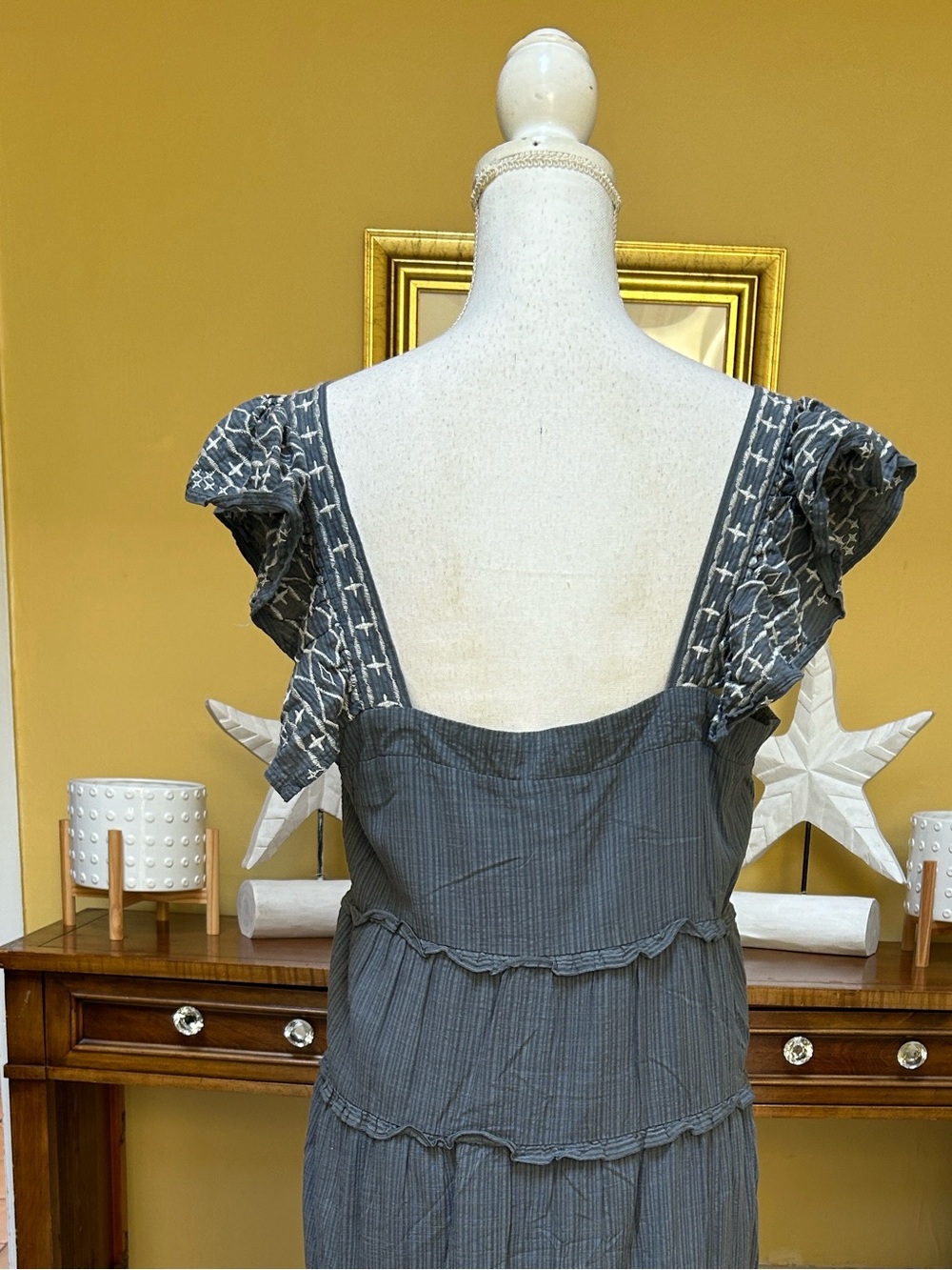 Knox Rose Square Neck Blue Grey Tiered Ruffle Embroidered Cotton LARGE Sundress - Picture 13 of 16